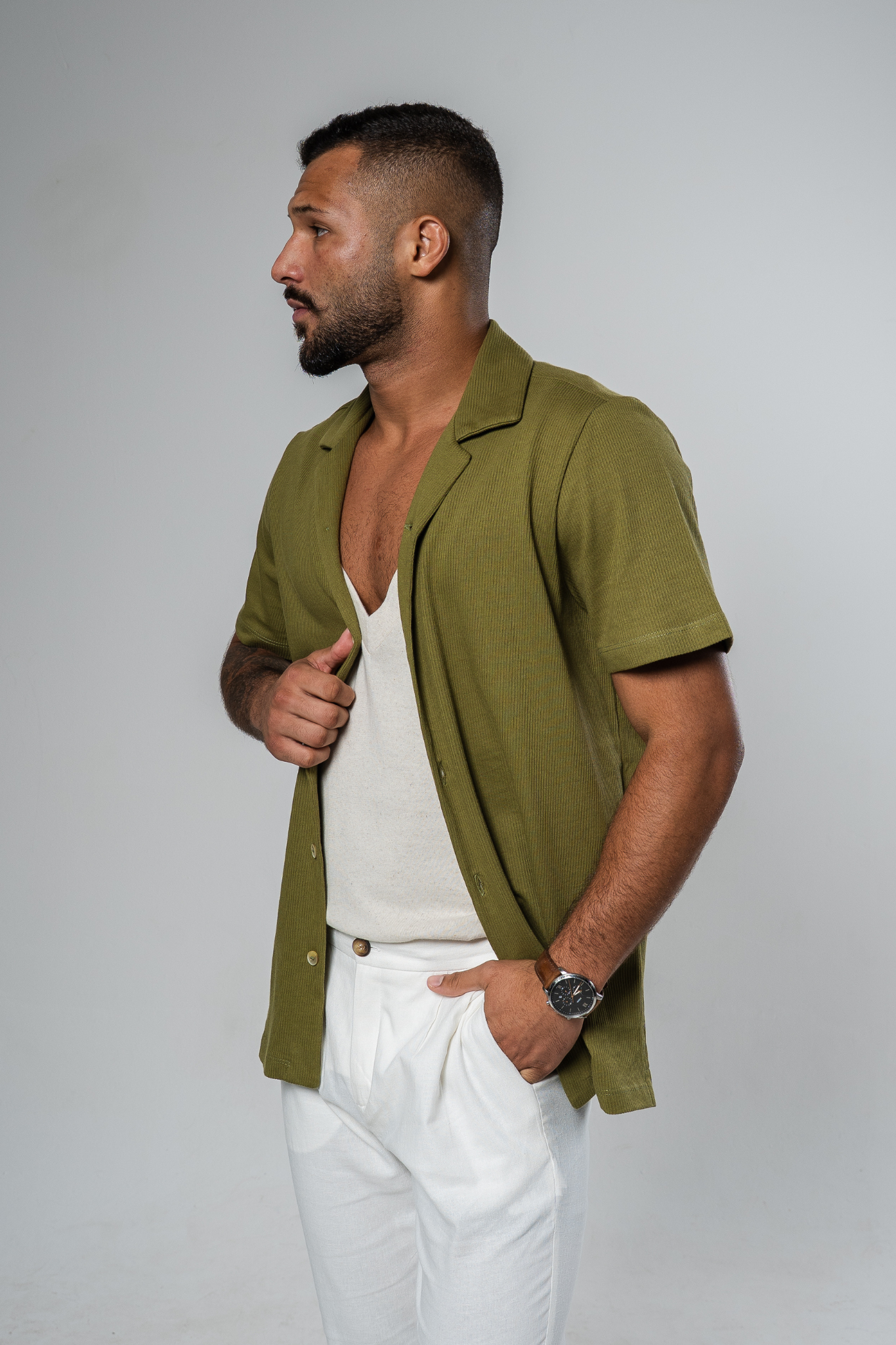 Lisbon Camp Collar Shirt - Army Green