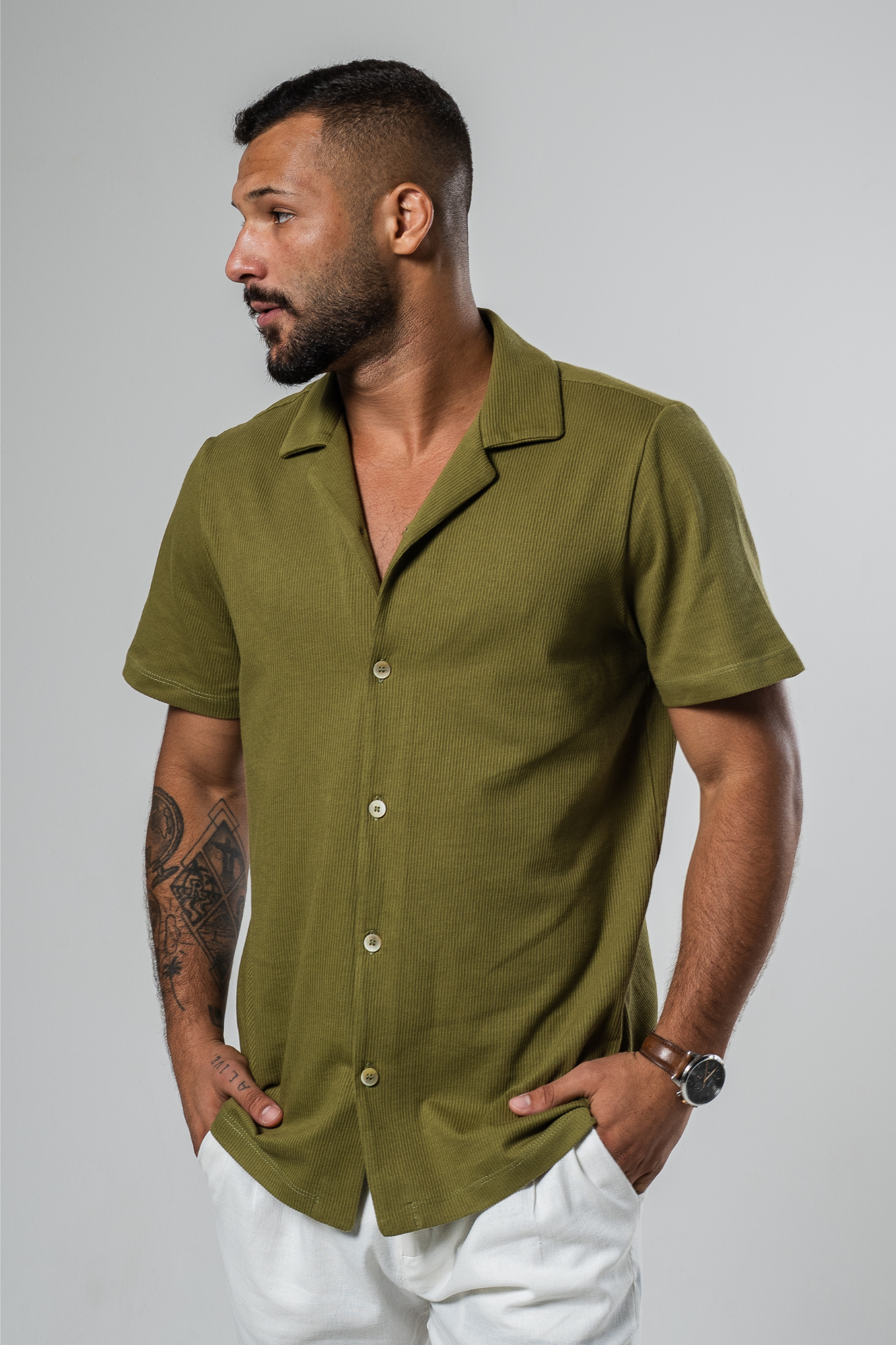 Lisbon Camp Collar Shirt - Army Green