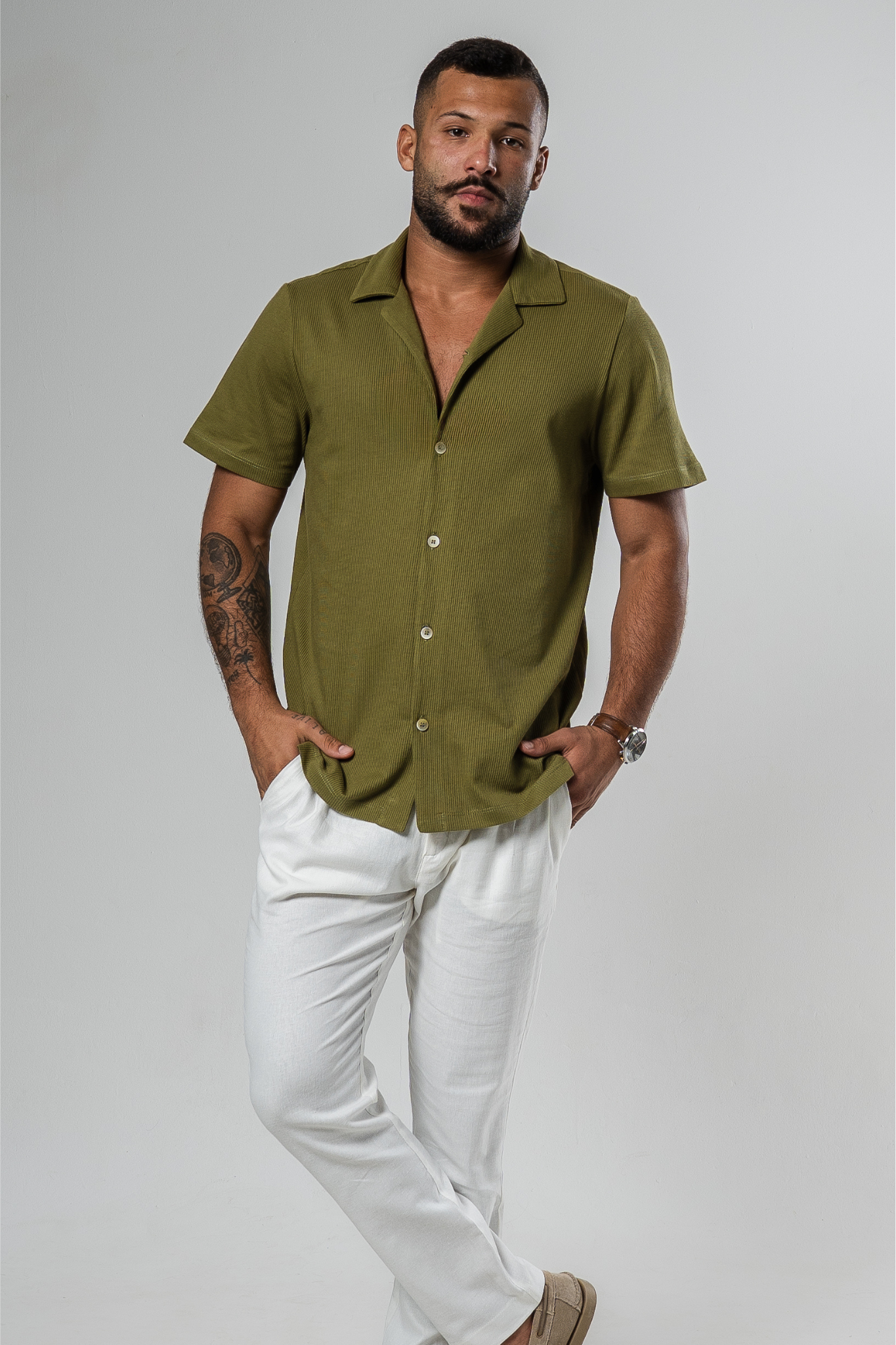 Lisbon Camp Collar Shirt - Army Green